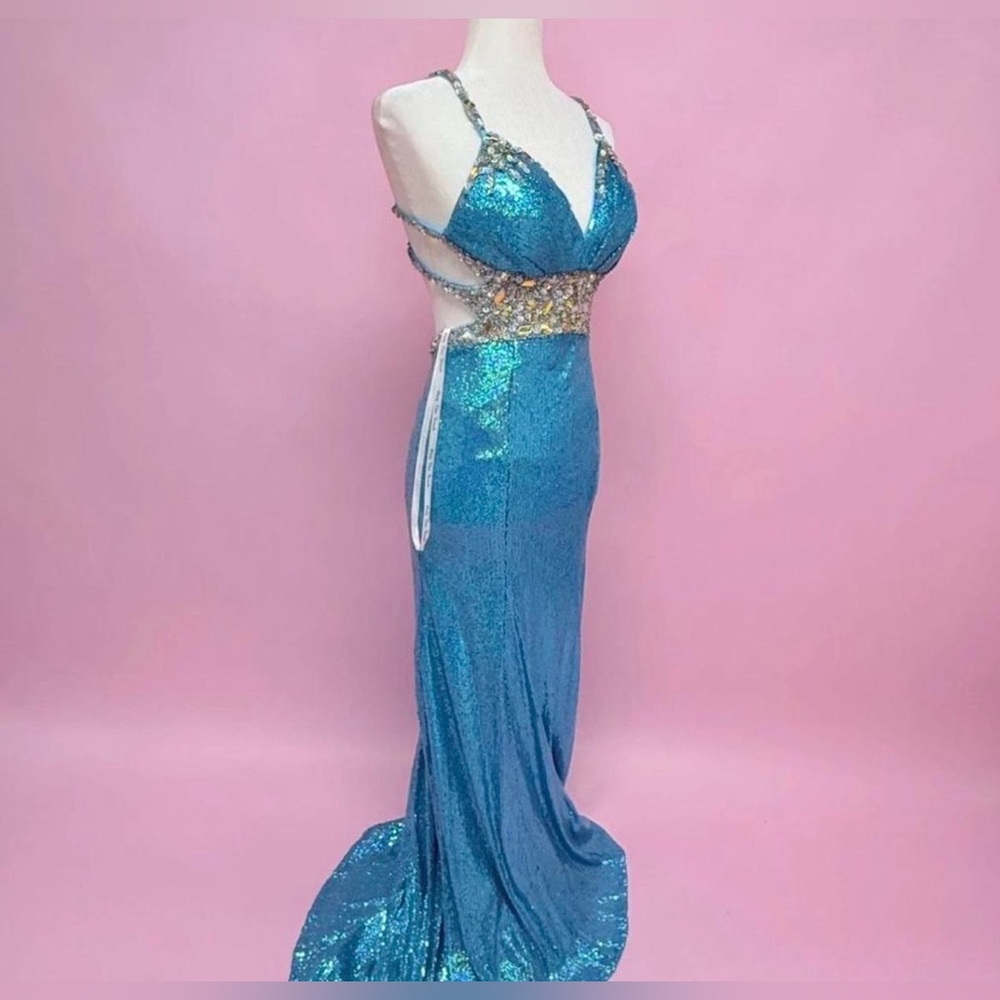 Rachel Allan Blue Sequin Gown - Picture 3 of 9